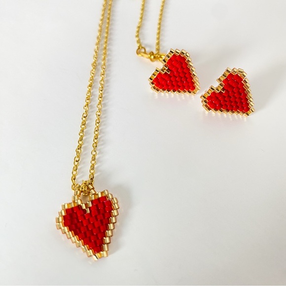 Hand Crafted Jewelry - Handcrafted Gold & Red Hearts Earrings and Necklace set